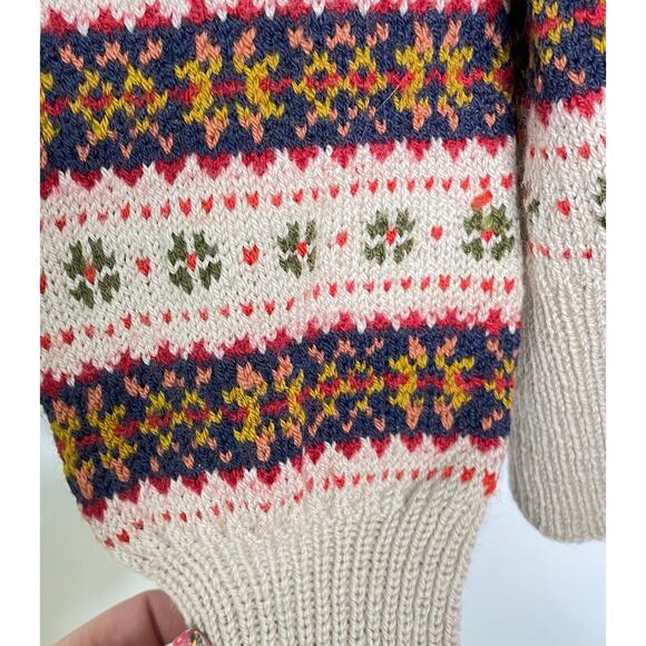 Edina Ronay England Tan, Red, Blue Fair Isle Hand Knit Wool Cardigan Sweater - Picture 8 of 10